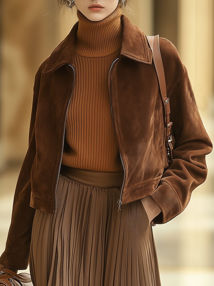 Casual Loose Plain Suede Women's Jacket with Zipper - Isabelle