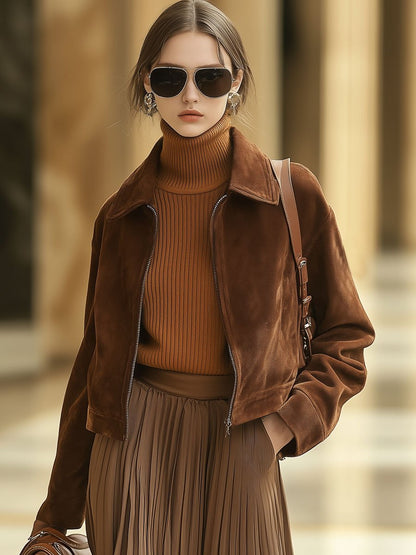 Casual Loose Plain Suede Women's Jacket with Zipper - Isabelle